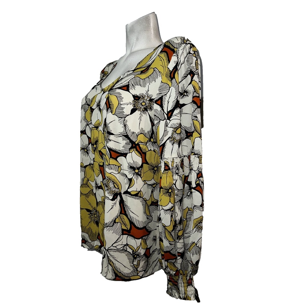 Cabi 3954 Miranda Blouse Womens Large Yellow Floral V-Neck Smocked Sleeve Top - Picture 4 of 7